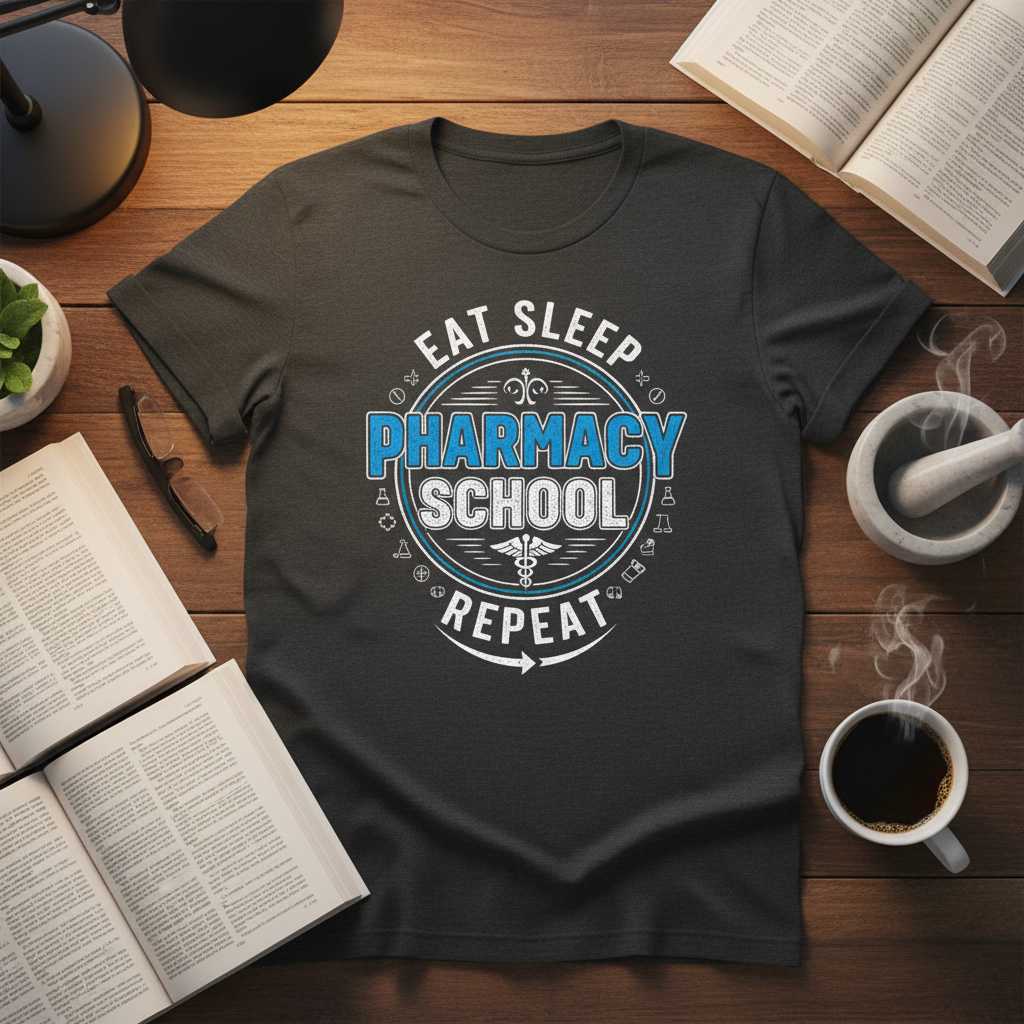Eat Sleep Pharmacy School Repeat Graphic T-Shirt Funny Pharmacist Tee Idea