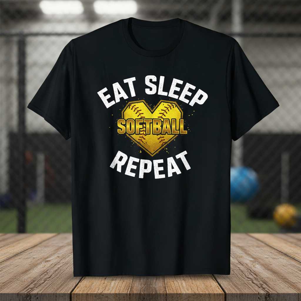 Eat Sleep Softball Repeat Distressed T-Shirt, Funny Softball Sports Gear Tee