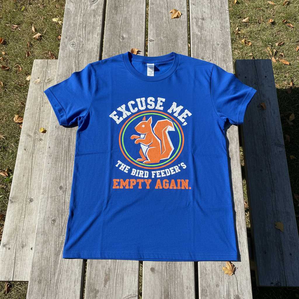 Excuse Me, The Bird Feeders Empty Again. Funny Squirrel T-Shirt Novelty Tee