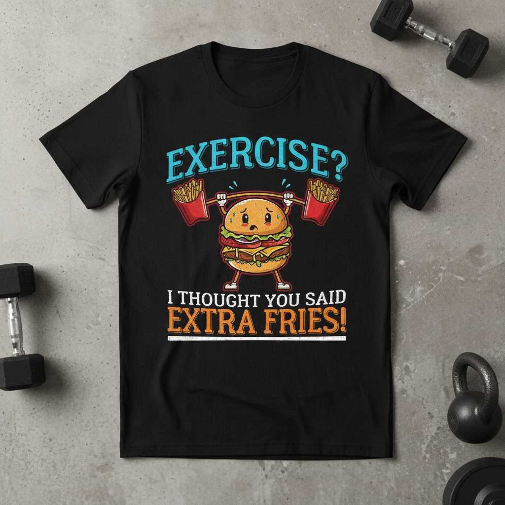 Exercise- I Thought You Said Extra Fries! Retro T-Shirt Funny Graphic Tee Gear