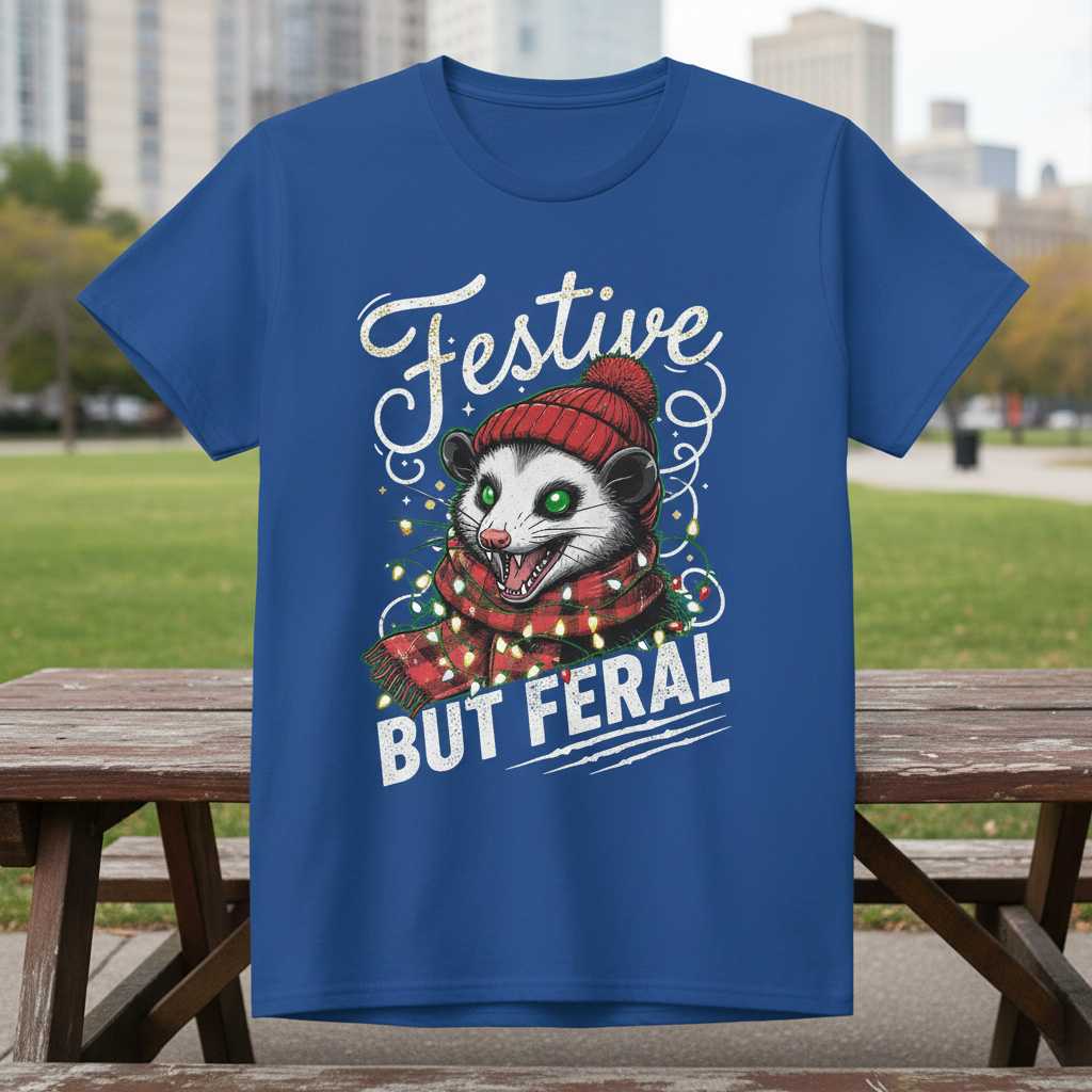 Festive But Feral Opossum Christmas Vintage T-Shirt, Funny Holiday Tee Idea