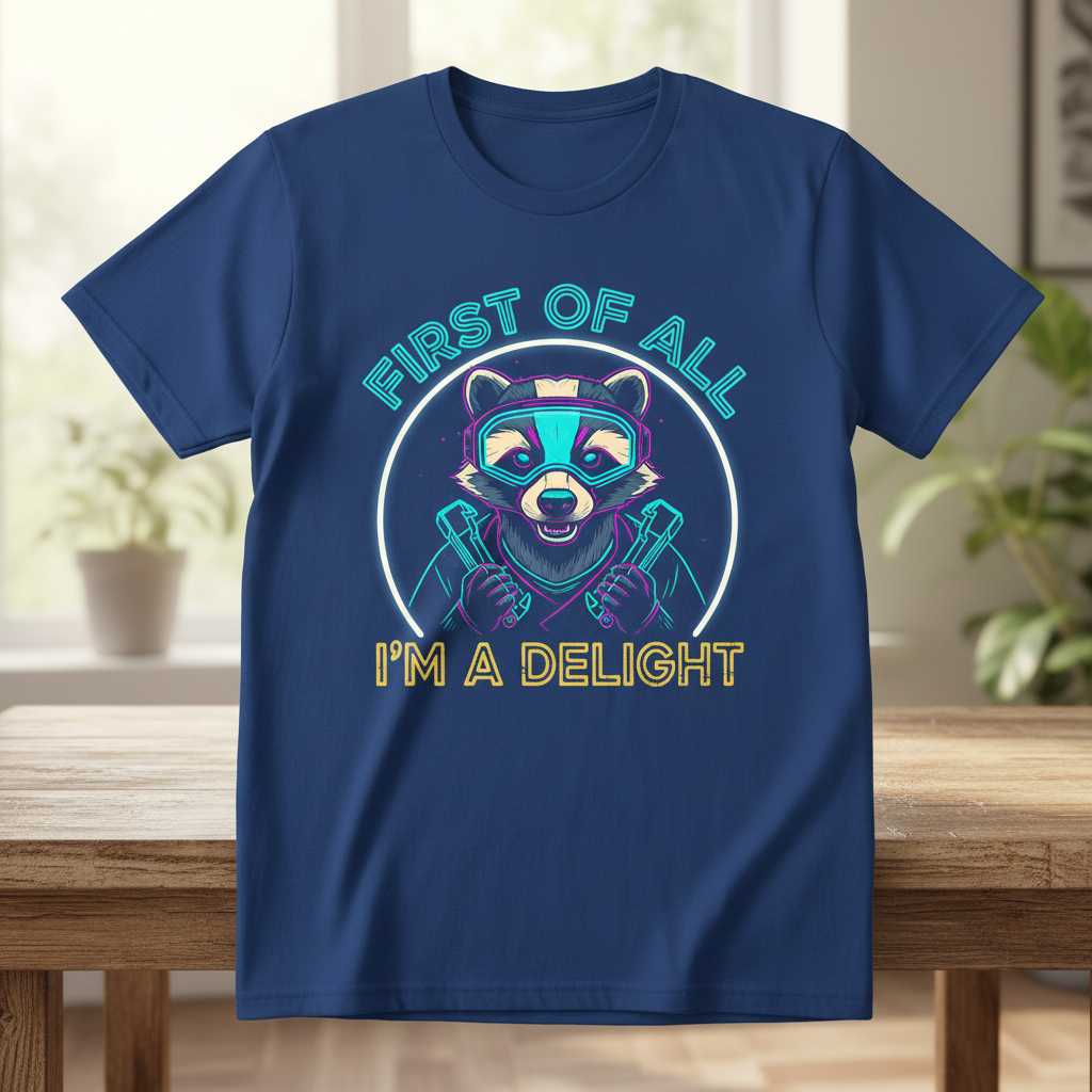 First Of All Im A Delight Retro Neon Raccoon Graphic T-Shirt Funny Tee Idea