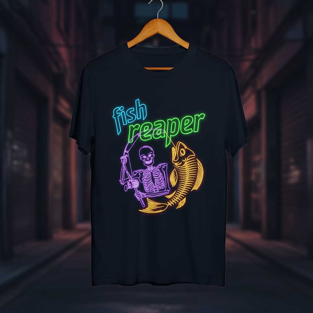 Fish Reaper Retro Skeleton T-Shirt, Funny Fisherman Graphic Tee Gear
