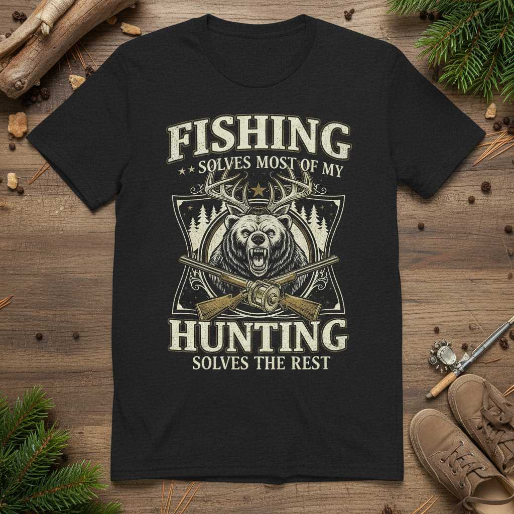 Fishing Solves Most Of My Hunting Solves The Rest Vintage T-Shirt Novelty Tee