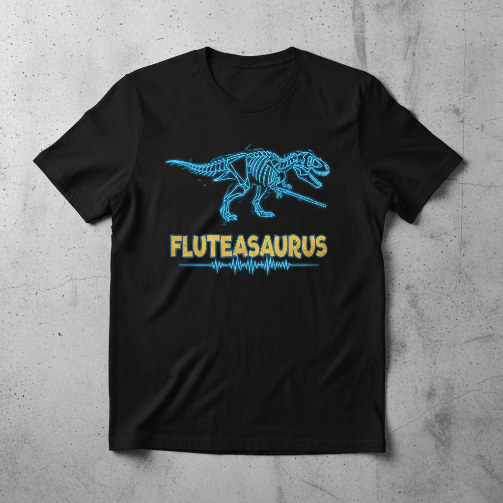 Fluteasaurus Graphic T-Shirt, Funny Dinosaur Musician Novelty Tee Idea