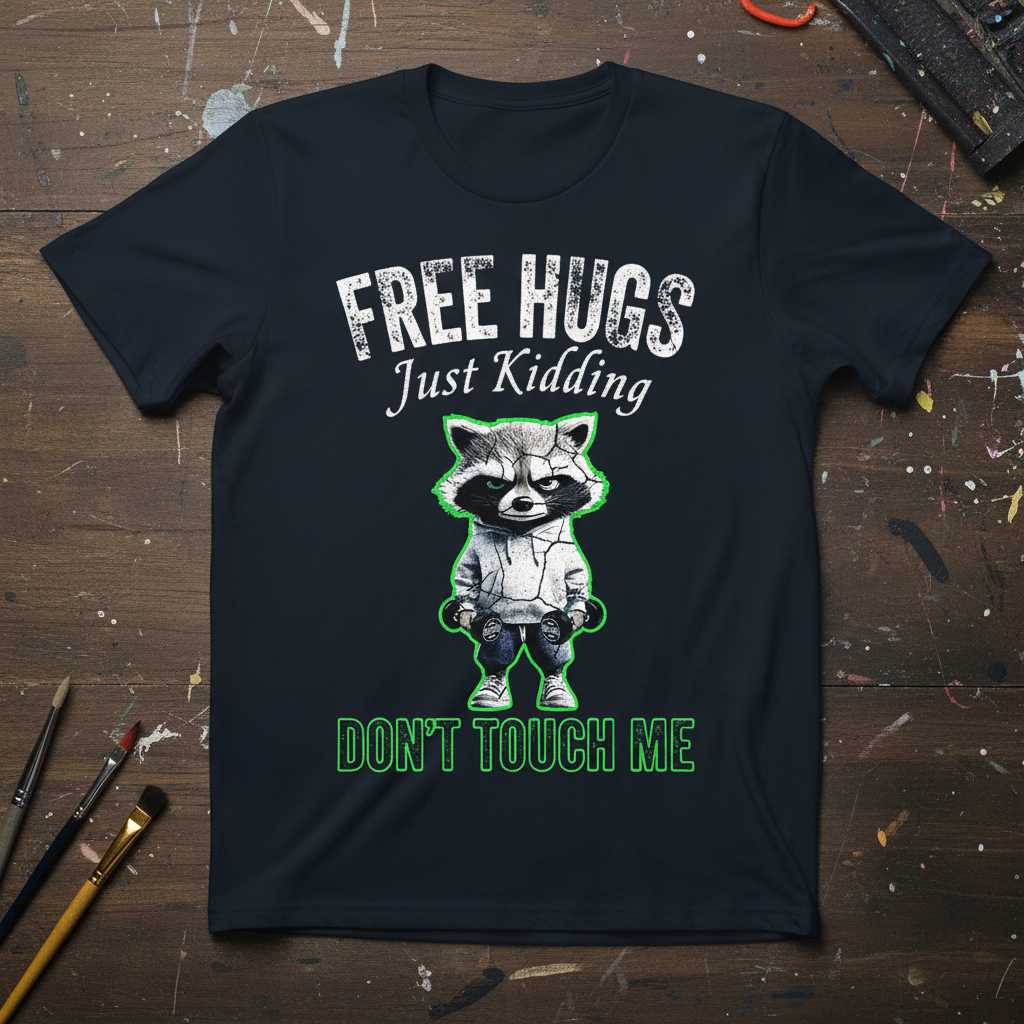 Free Hugs Just Kidding Dont Touch Me Raccoon Distressed T-Shirt Funny Tee