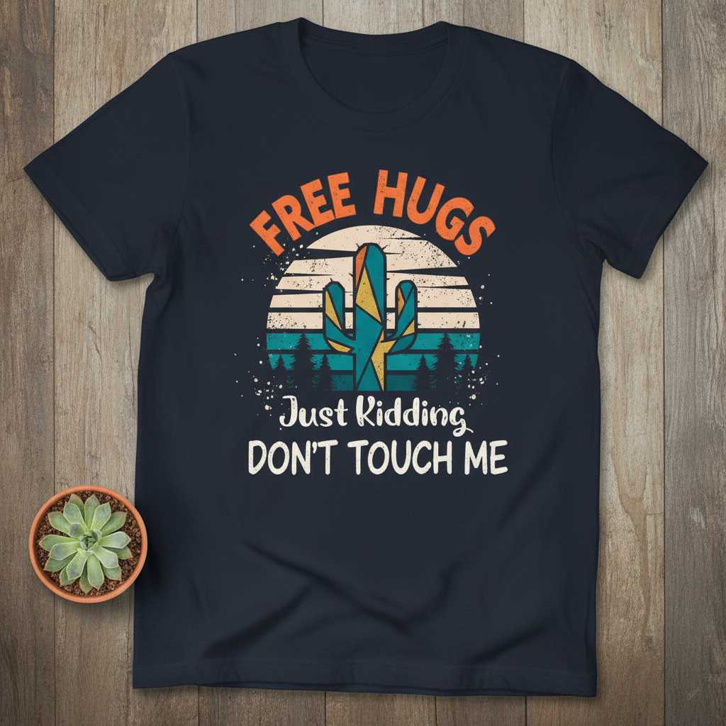 Free Hugs Just Kidding Dont Touch Me Retro Vintage Cactus T-Shirt, Funny Tee