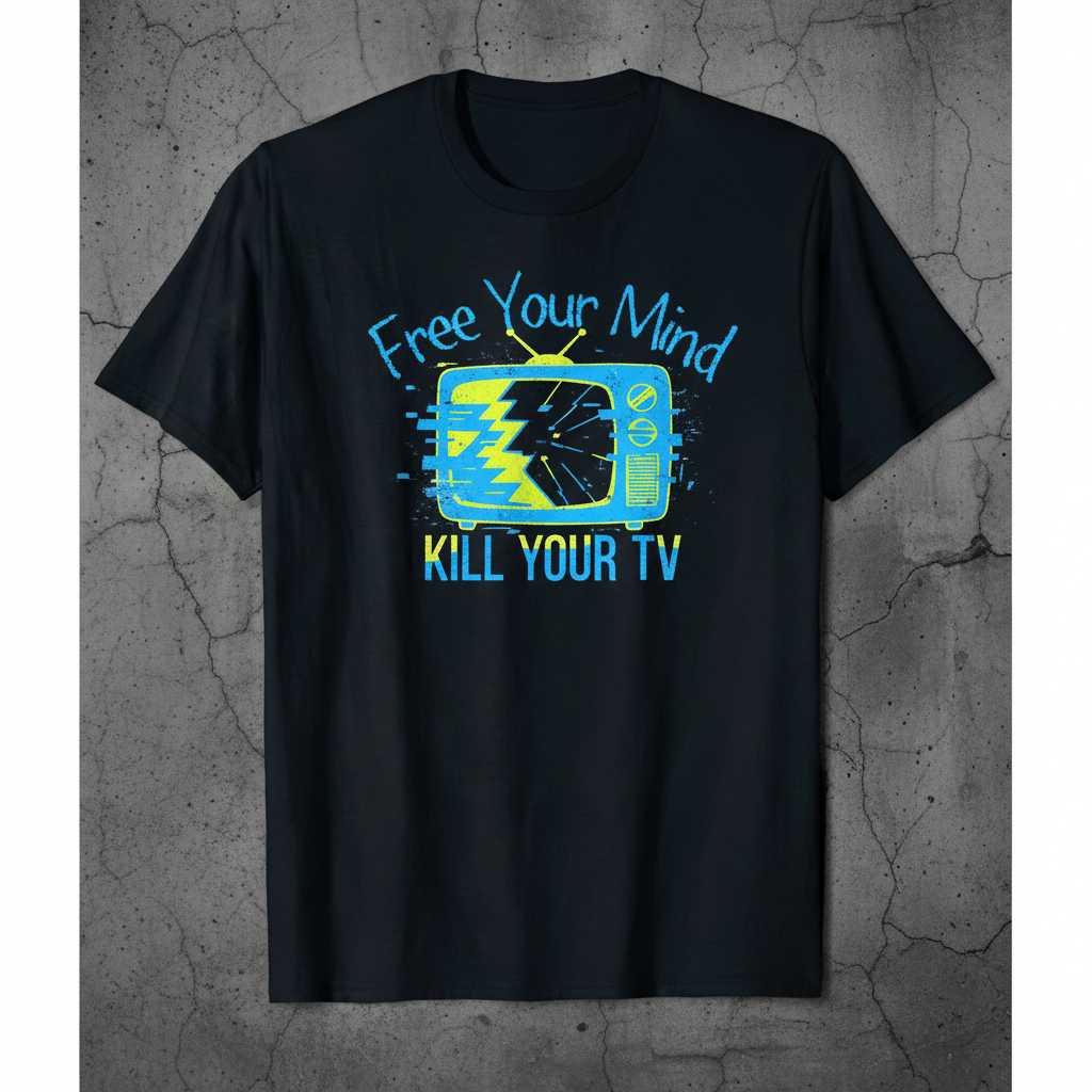 Free Your Mind Kill Your TV Retro Distressed T-Shirt Graphic Novelty Tee Wear