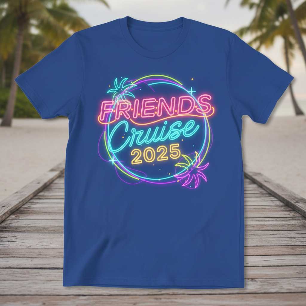 Friends Cruise 2025 Neon Retro Graphic T-Shirt, Novelty Souvenir Tee Outfit