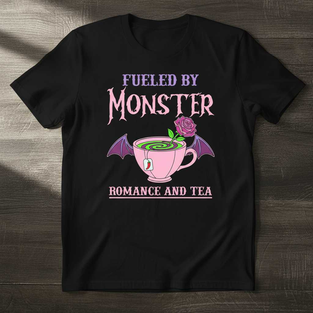 Fueled By Monster Romance And Tea Graphic T-Shirt, Cute Novelty Tee Merch