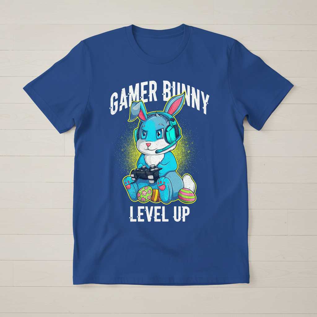Gamer Bunny Level Up Graphic T-Shirt, Cute Kids Easter Tee Present Idea