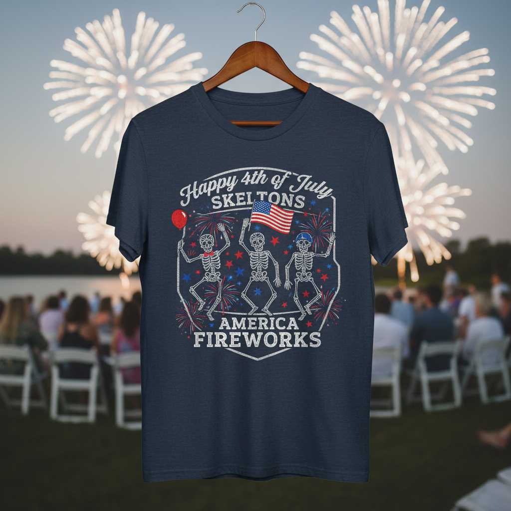 Happy 4th Of July Skeltons America Fireworks Distressed T-Shirt, Graphic Tee
