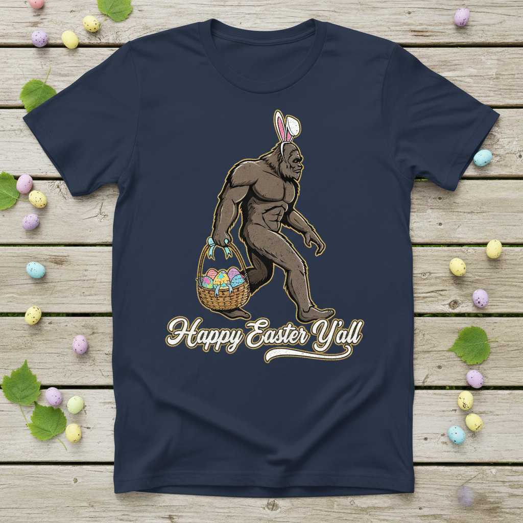 Happy Easter Yall Retro Bigfoot T-Shirt, Funny Sasquatch Tee Graphic Top