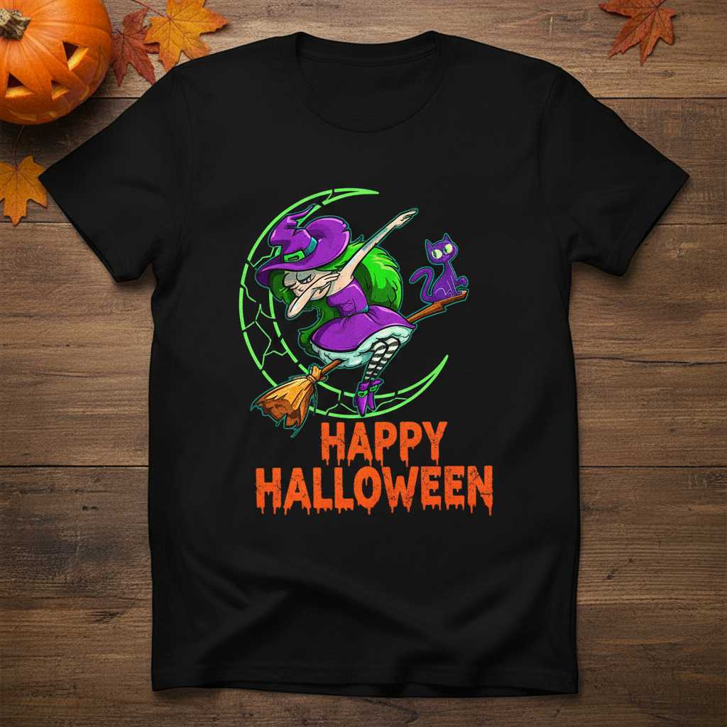 Happy Halloween Dabbing Witch Cat Graphic T-Shirt, Cute Novelty Tee Gift Idea