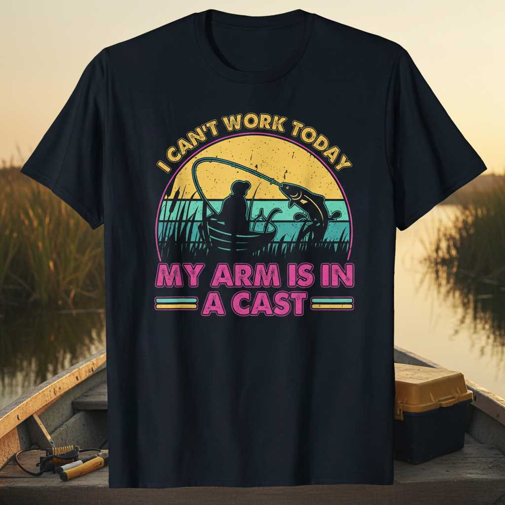 I Cant Work Today My Arm Is In A Cast Retro Vintage Fishing T-Shirt Funny Tee