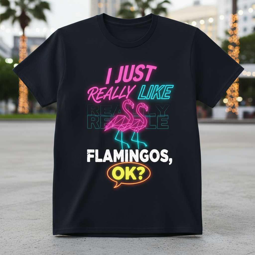 I Just Really Like Flamingos, Ok- Retro Neon T-Shirt, Funny Novelty Tee