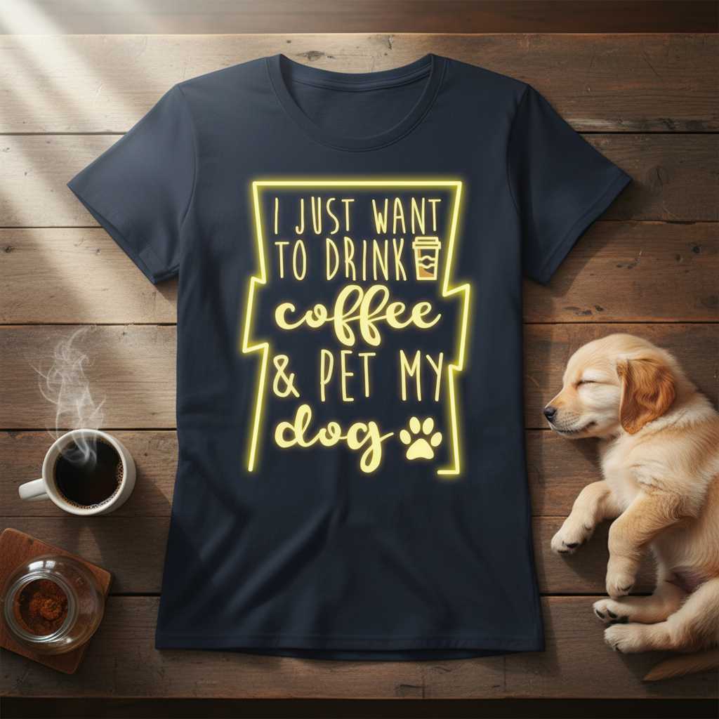 I Just Want To Drink Coffee & Pet My Dog Funny Graphic T-Shirt Novelty Tee