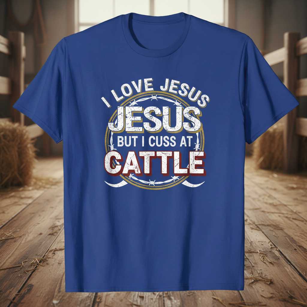 I Love Jesus But I Cuss At Cattle Distressed T-Shirt, Funny Farming Tee Gear