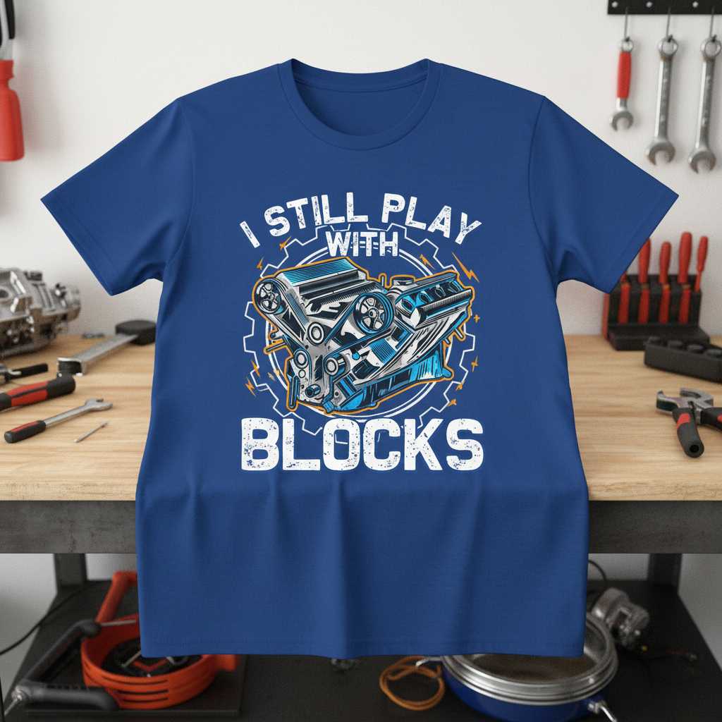 I Still Play With Blocks Distressed T-Shirt, Funny Car Mechanic Gear Novelty Tee