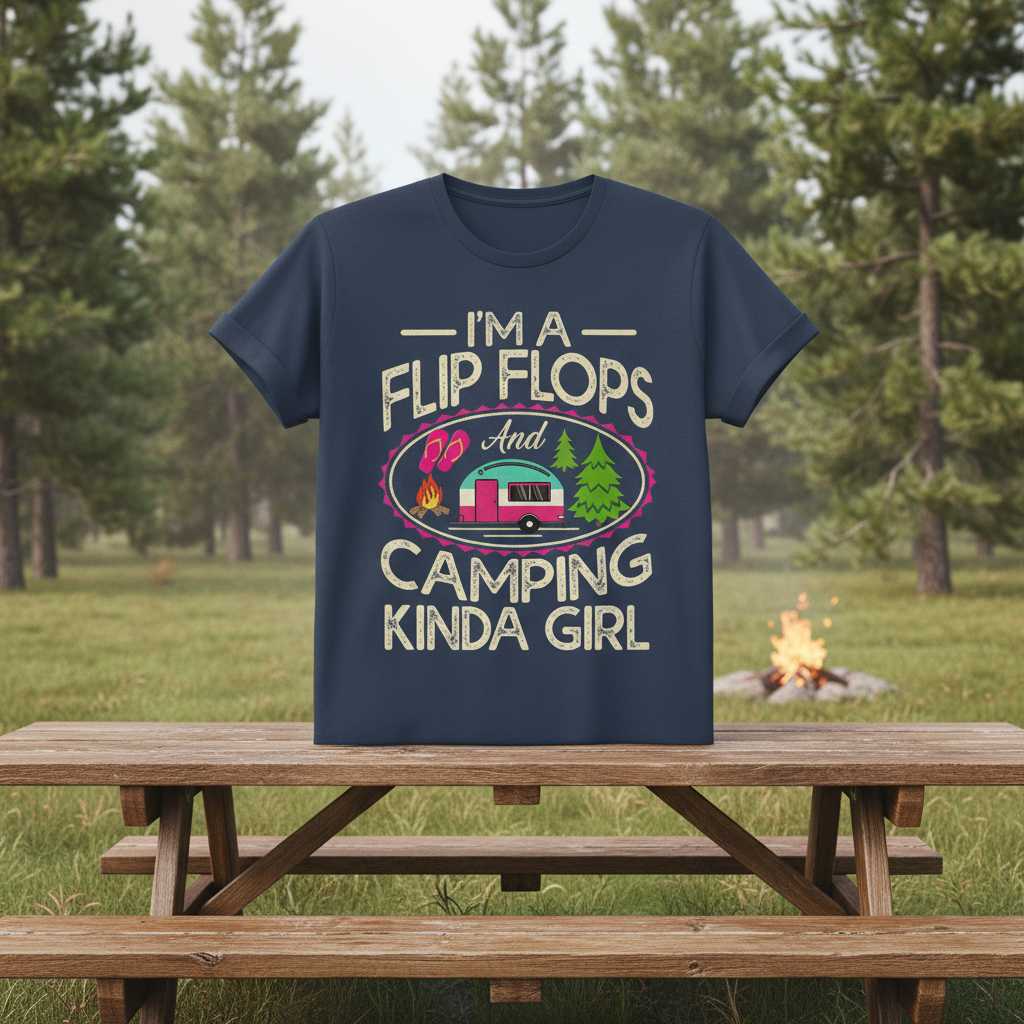 Im A Flip Flops And Camping Kinda Girl Retro Distressed T-Shirt Novelty Tee Top