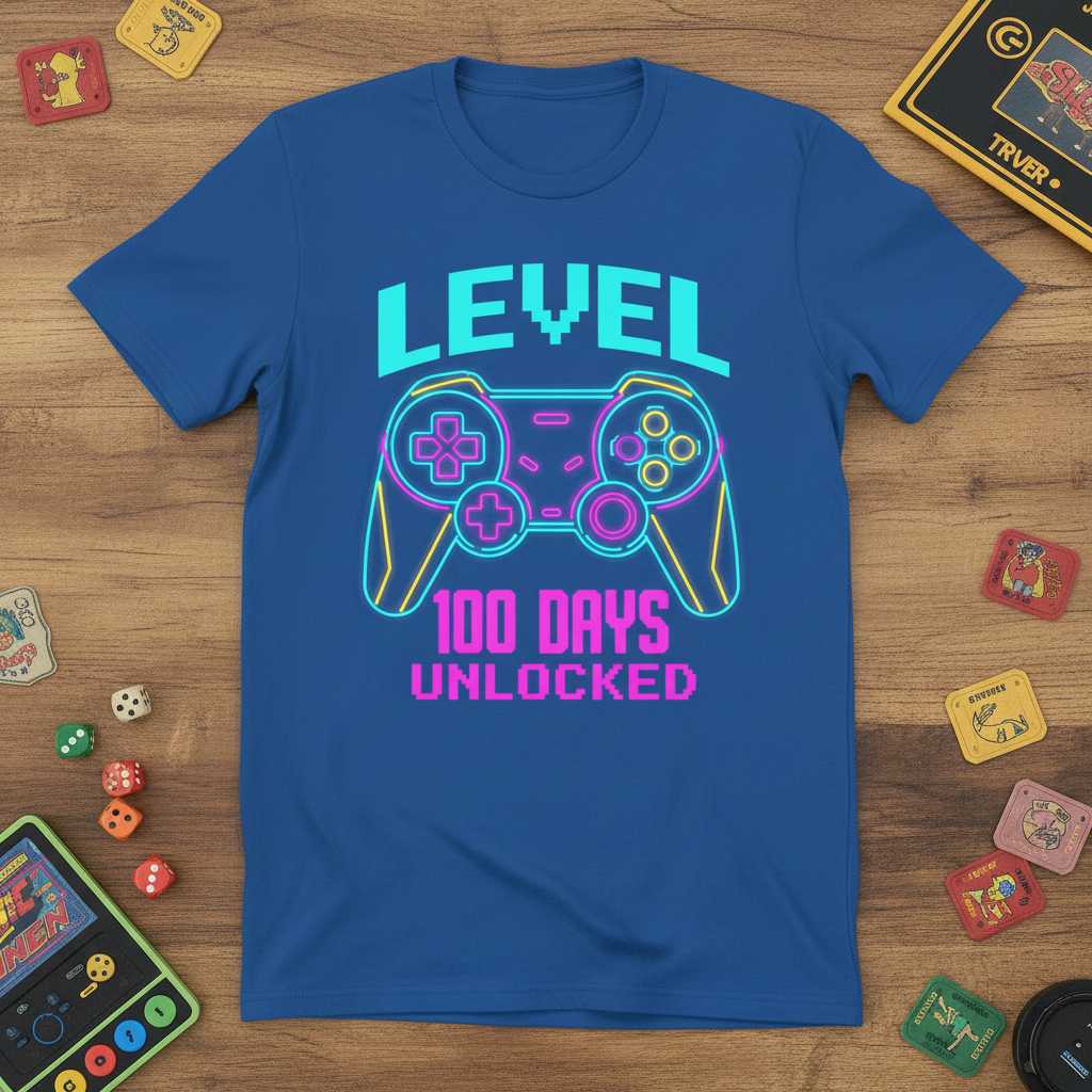 Level 100 Days Unlocked Retro T-Shirt, Funny 100th Day of School Gamer Tee Idea