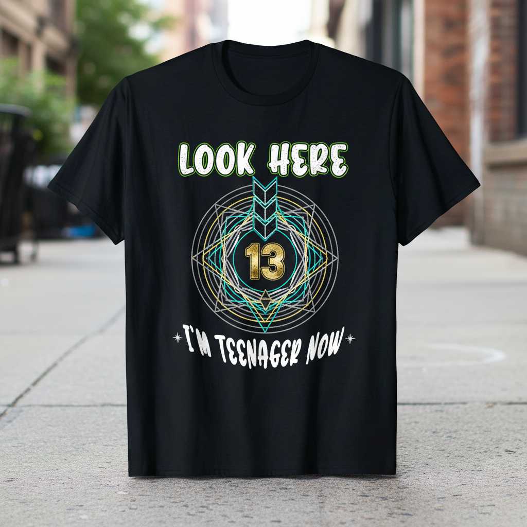 Look Here 13 Im Teenager Now Novelty T-Shirt, Funny Birthday Tee Idea