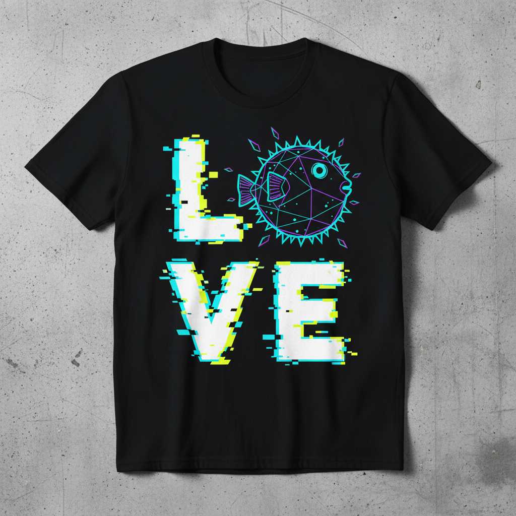 Love Pufferfish Glitch Art T-Shirt, 90s Retro Blowfish Graphic Tee Gift Idea
