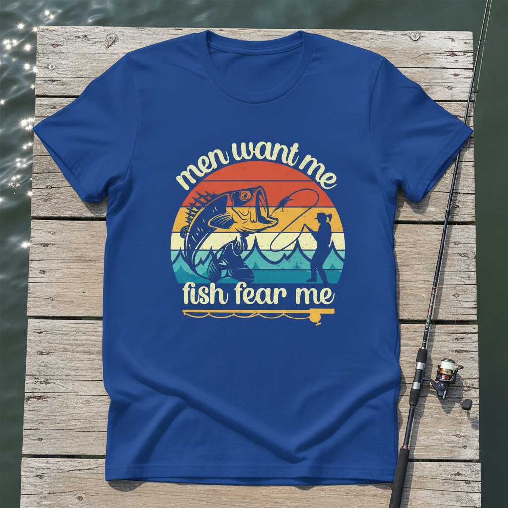 Men Want Me Fish Fear Me Retro Vintage T-Shirt Novelty Womens Fishing Tee
