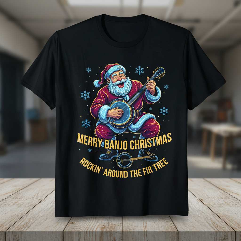 Merry Banjo Christmas Rockin Around The Fir Tree Graphic T-Shirt, Novelty Tee Present
