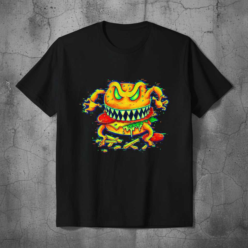 Monster Burger Glitch Psychedelic T-Shirt, Novelty Graphic Fast Food Tee Merch