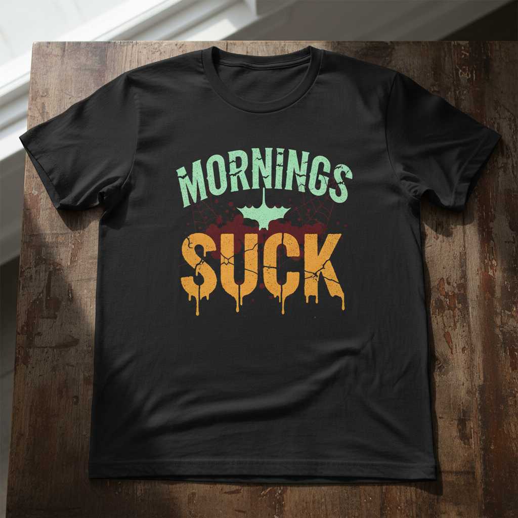Mornings Suck Retro Distressed T-Shirt, Funny Spooky Graphic Tee Gift Idea
