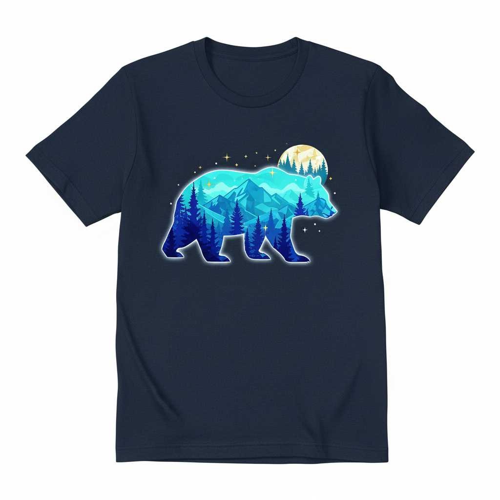 Mountain Bear Forest Landscape Graphic T-Shirt, Nature Night Sky Tee Idea