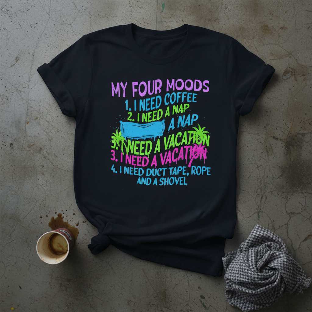 My Four Moods 1. I Need Coffee 2. I Need A Nap 3. I Need A Vacation 4. I Need Duct Tape, Rope And A Shovel Distressed T-Shirt, Funny Graphic Tee
