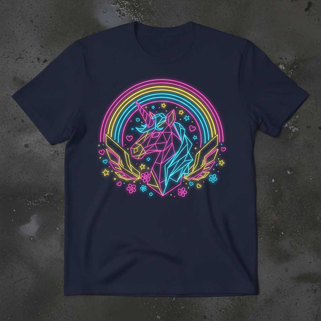 Neon Geometric Unicorn Rainbow Retro Graphic T-Shirt, Cute Tee Present