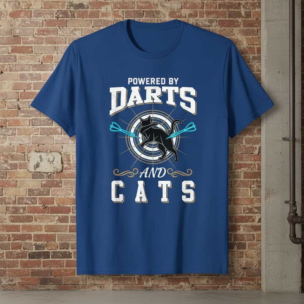 Powered By Darts And Cats Retro Distressed T-Shirt, Funny Graphic Tee Gear