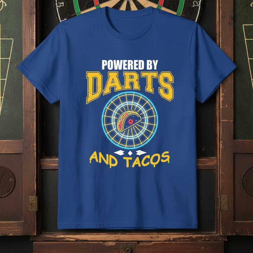 Powered By Darts And Tacos Retro Graphic T-Shirt, Funny Unisex Tee Gear
