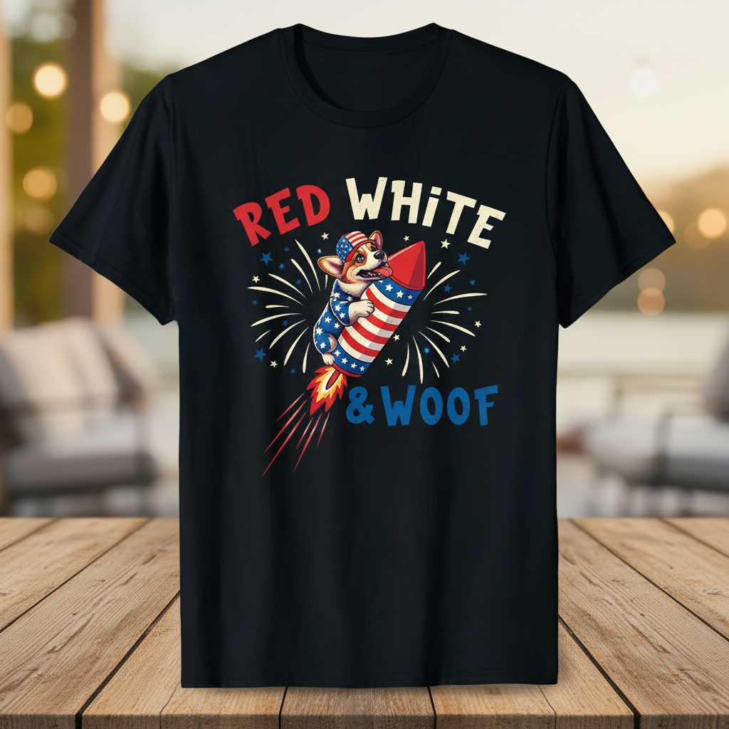 Red White & Woof Graphic T-Shirt, Funny 4th Of July Corgi Dog Tee Merch