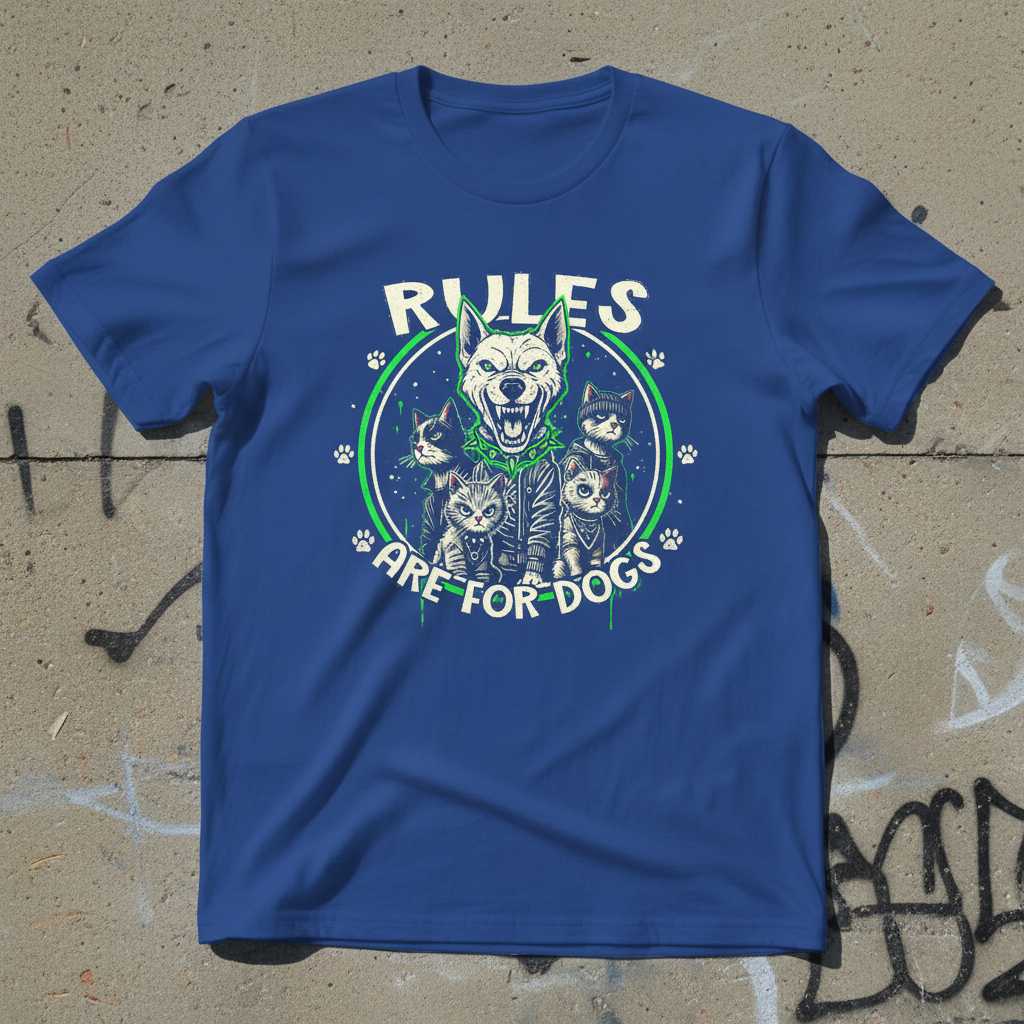 Rules Are For Dogs Distressed Graphic T-Shirt, Funny Rebel Cat Tee Gift Idea
