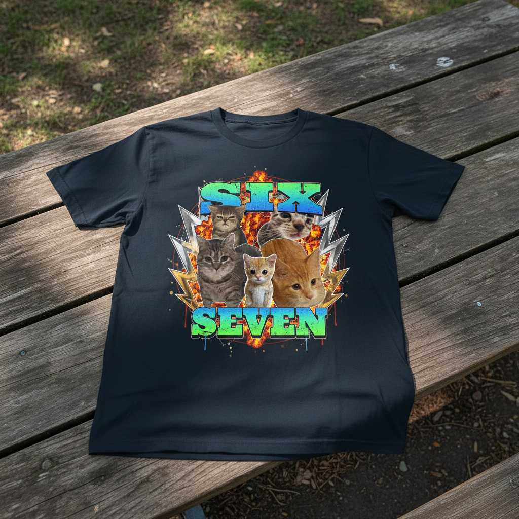 Six Seven Retro 90s Bootleg Graphic T-Shirt, Funny Novelty Cat Meme Tee Merch
