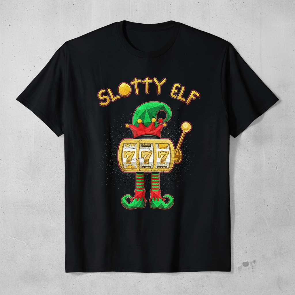 Slotty Elf Distressed T-Shirt, Funny Gambling Christmas Graphic Tee Gift Idea
