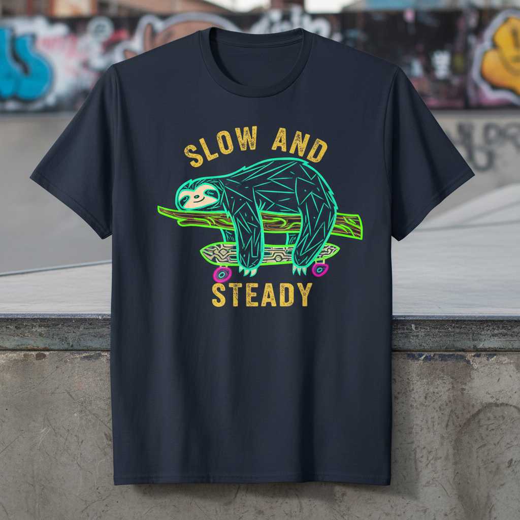 Slow And Steady Retro Sloth Skateboard T-Shirt, Funny Novelty Graphic Tee