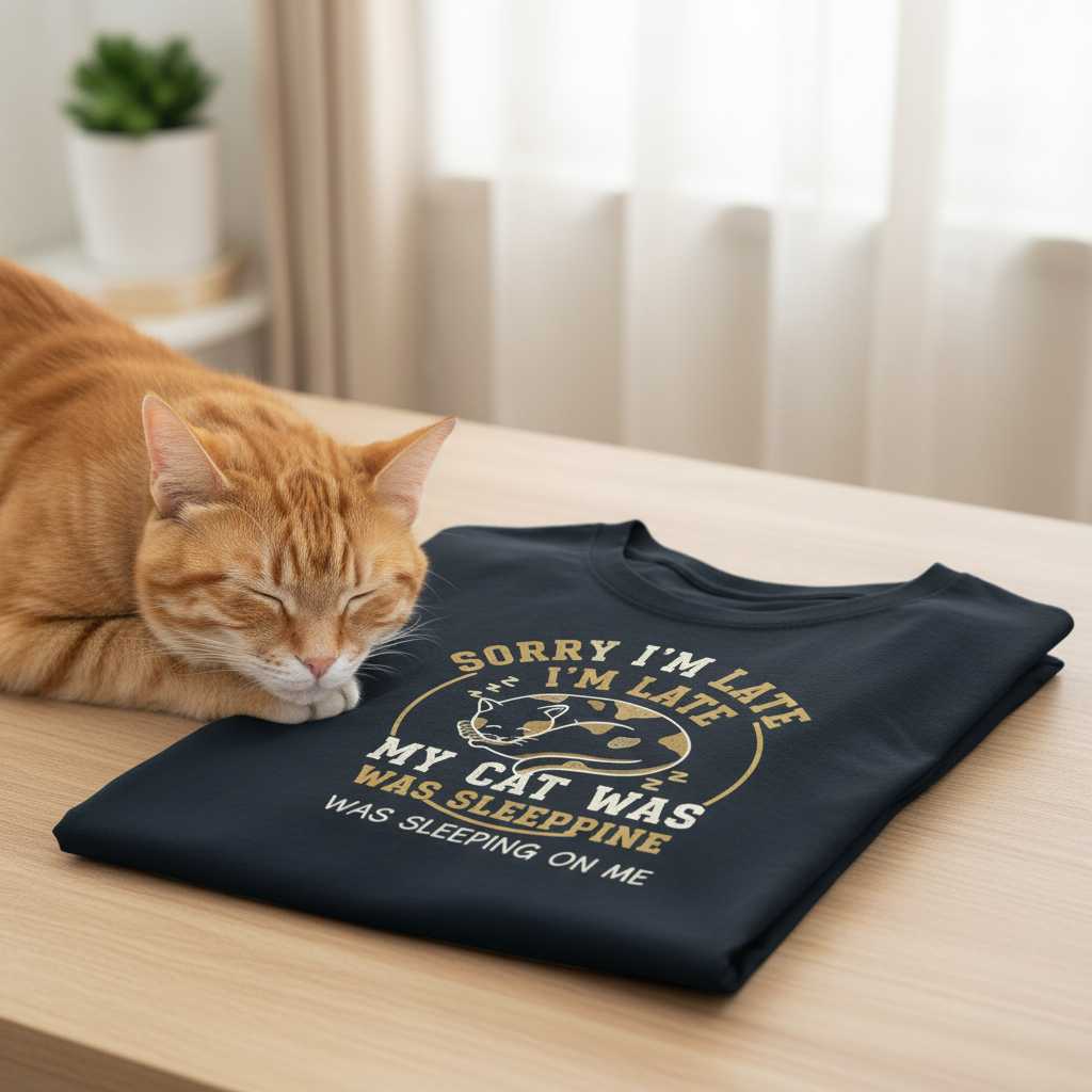Sorry Im Late My Cat Was Sleeping On Me Funny T-Shirt, Kitten Tee Gift Idea