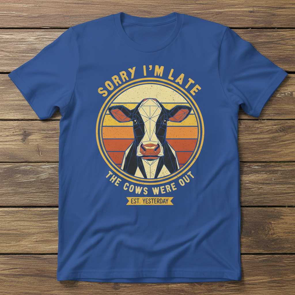 Sorry Im Late The Cows Were Out Est. Yesterday Retro T-Shirt Funny Farmer Tee