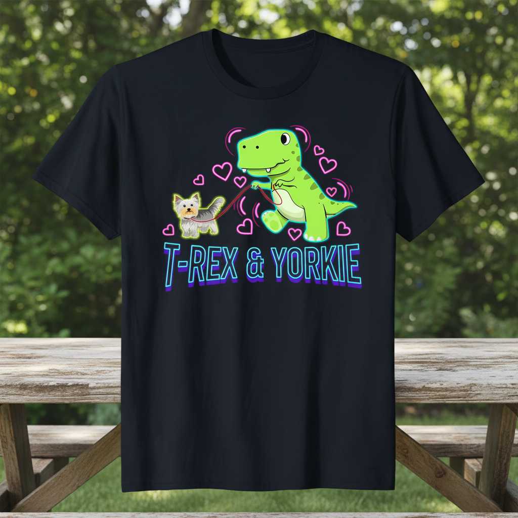 T-Rex & Yorkie Graphic T-Shirt, Cute Dinosaur Yorkshire Terrier Tee Present