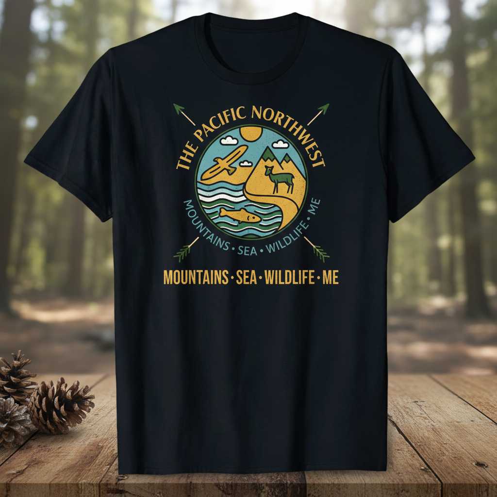 The Pacific Northwest Mountains Sea Wildlife Me Retro T-Shirt Graphic Tee Souvenir
