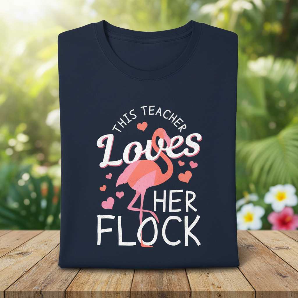 This Teacher Loves Her Flock Cute Flamingo Graphic T-Shirt Novelty Tee Idea