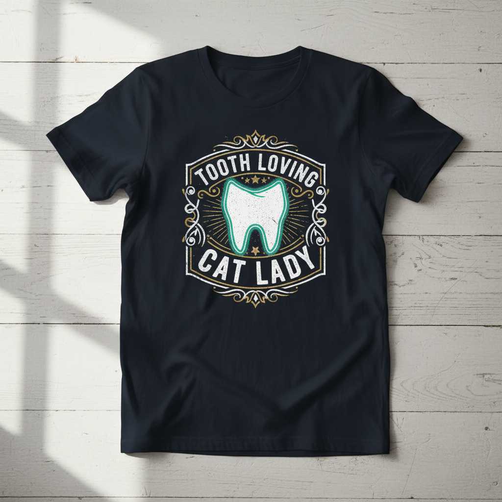 Tooth Loving Cat Lady Vintage Distressed T-Shirt, Funny Dental Tee Gift Idea