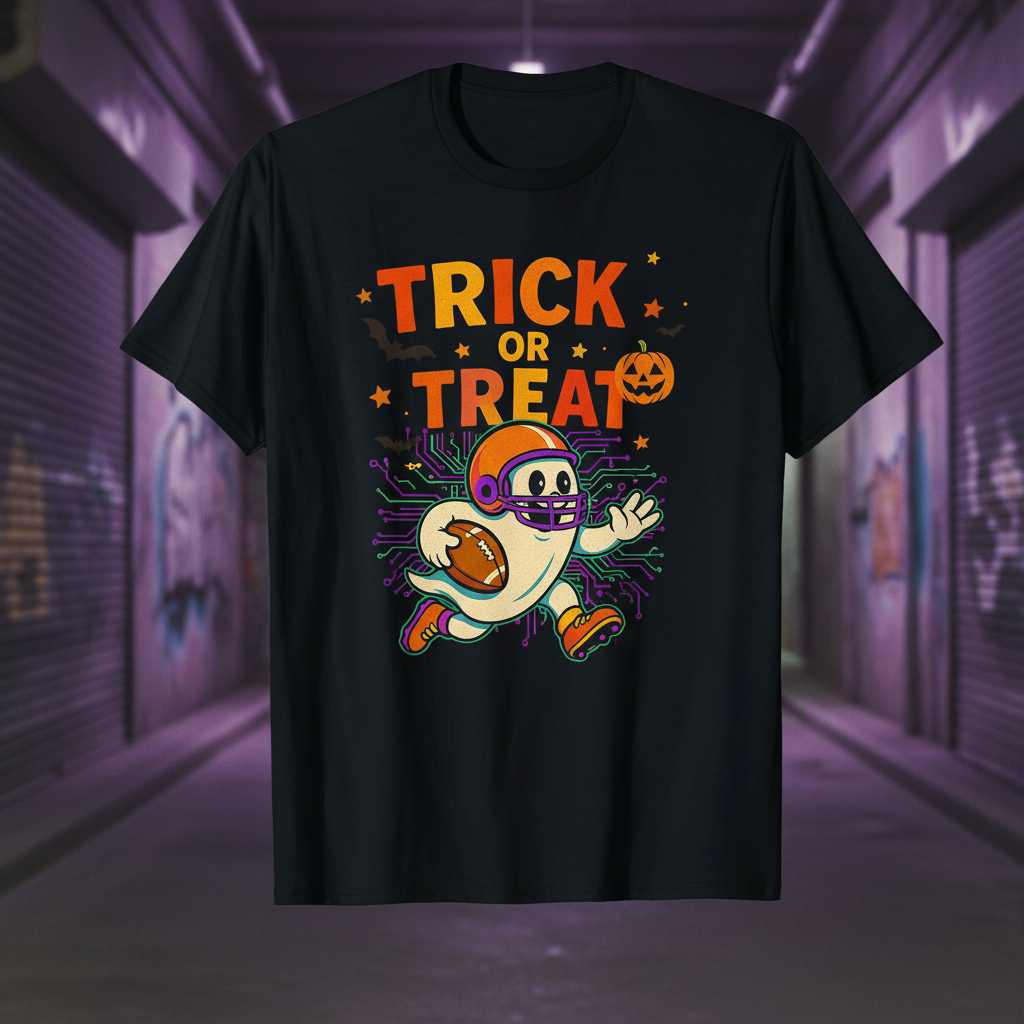 Trick Or Treat Football Ghost Halloween T-Shirt, Novelty Graphic Tee Gear Idea