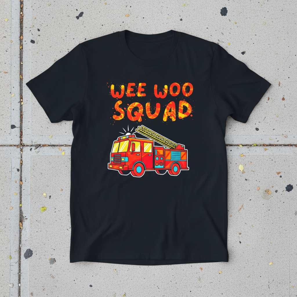 Wee Woo Squad Firefighter Graphic T-Shirt, Novelty Fire Truck Tee Gear