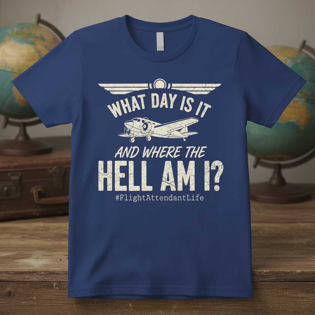 What Day Is It And Where The Hell Am I- #FlightAttendantLife Distressed T-Shirt, Funny Tee Gear